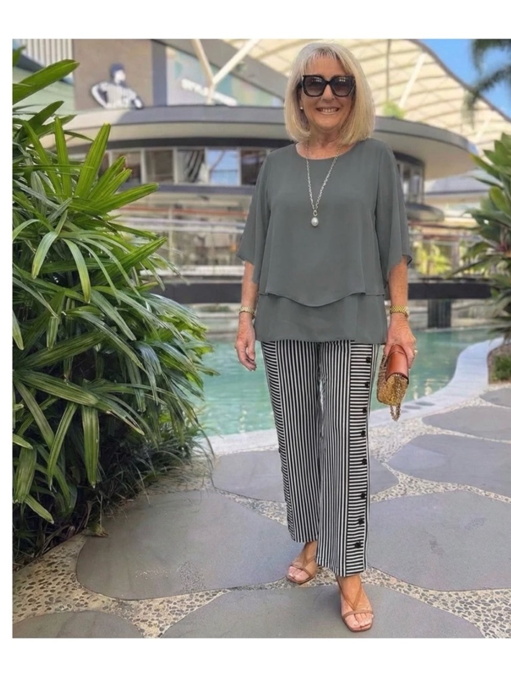 Women’s Layered Grey Blouse and Striped Wide-Leg Pants Set